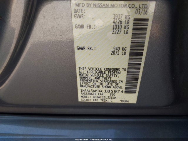 2016 Nissan Altima 2.5/2.5 S/2.5 Sl/2.5 Sr/2.5 Sv მანქანა იყიდება აუქციონზე, vin: 1N4AL3AP1GC185974, აუქციონის ნომერი: 45197147