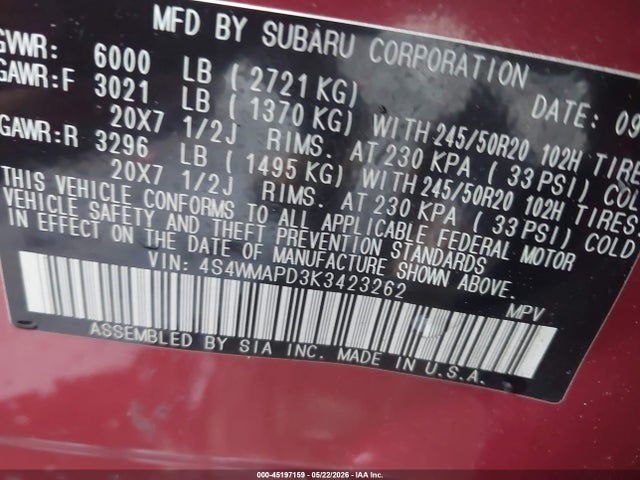 Aukcja sprzedaży 2019 Subaru Ascent Limited, vin: 4S4WMAPD3K3423262, numer aukcji: 45197159