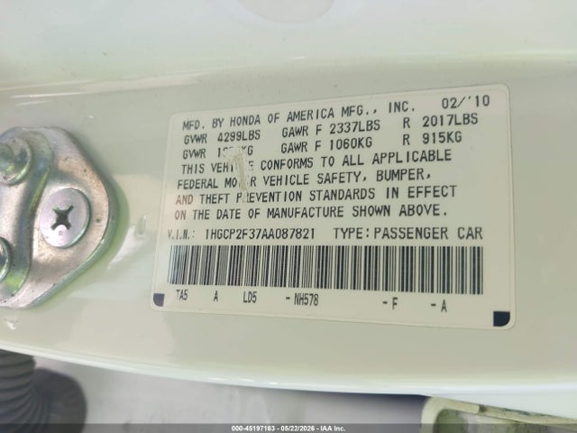 Продажа на аукционе авто 2010 Honda Accord 2.4 Lx, vin: 1HGCP2F37AA087821, номер лота: 45197163