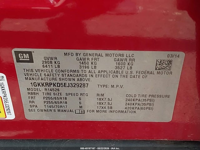 Aukcja sprzedaży 2014 Gmc Acadia Sle-2, vin: 1GKKRPKD5EJ329287, numer aukcji: 45197167