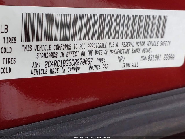 45197175 :رقم المزاد ، 2C4RC1BG3CR270087 vin ، 2012 Chrysler Town & Country Touring مزاد بيع