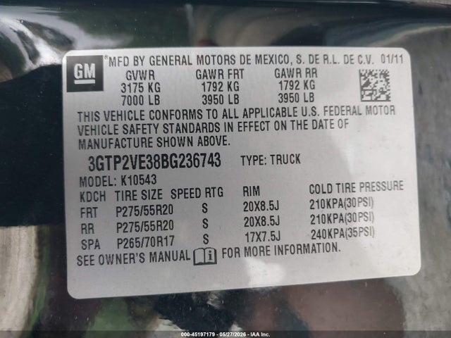 2011 Gmc Sierra 1500 Sle მანქანა იყიდება აუქციონზე, vin: 3GTP2VE38BG236743, აუქციონის ნომერი: 45197179