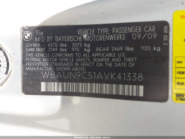 45197194 :رقم المزاد ، WBAUN9C51AVK41338 vin ، 2010 Bmw 135i مزاد بيع