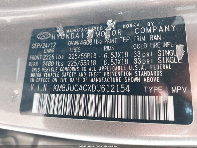 45197196 :رقم المزاد ، KM8JUCACXDU612154 vin ، 2013 Hyundai Tucson Limited مزاد بيع
