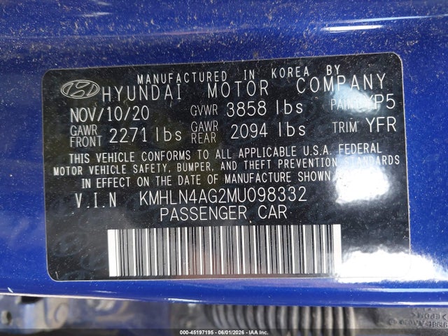 Aukcja sprzedaży 2021 Hyundai Elantra Sel, vin: KMHLN4AG2MU098332, numer aukcji: 45197195