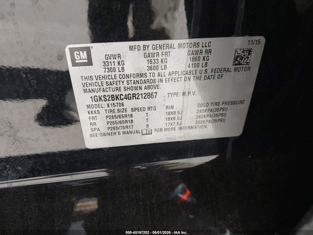 45197202 :رقم المزاد ، 1GKS2BKC4GR212867 vin ، 2016 Gmc Yukon Slt مزاد بيع