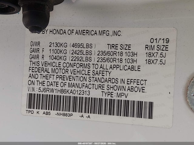 Aukcja sprzedaży 2019 Honda Cr-v Ex-l, vin: 5J6RW1H86KA012313, numer aukcji: 45197207