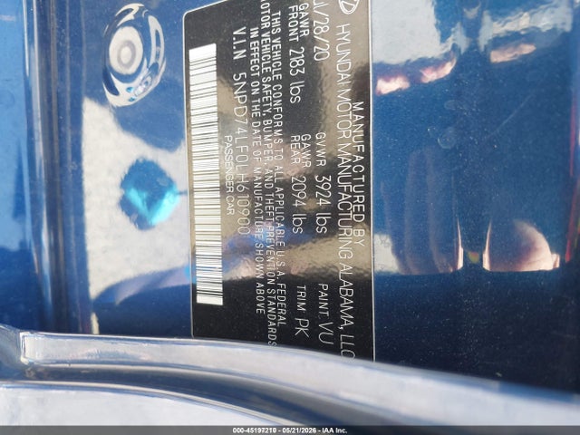 Aukcja sprzedaży 2020 Hyundai Elantra Se, vin: 5NPD74LF0LH610900, numer aukcji: 45197210