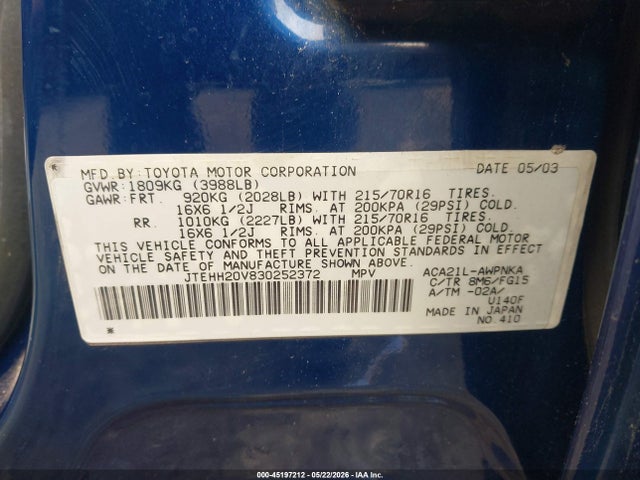 Aukcja sprzedaży 2003 Toyota Rav4, vin: JTEHH20V830252372, numer aukcji: 45197212