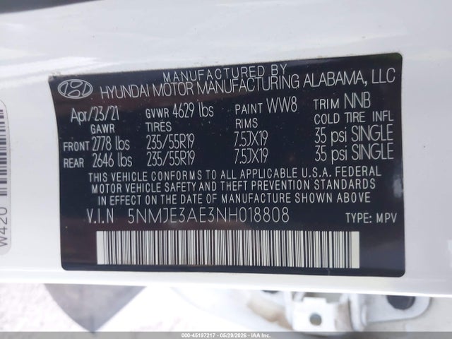 Aukcja sprzedaży 2022 Hyundai Tucson Limited, vin: 5NMJE3AE3NH018808, numer aukcji: 45197217