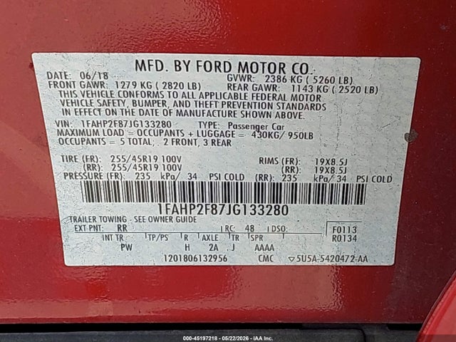Продажа на аукционе авто 2018 Ford Taurus Limited, vin: 1FAHP2F87JG133280, номер лота: 45197218