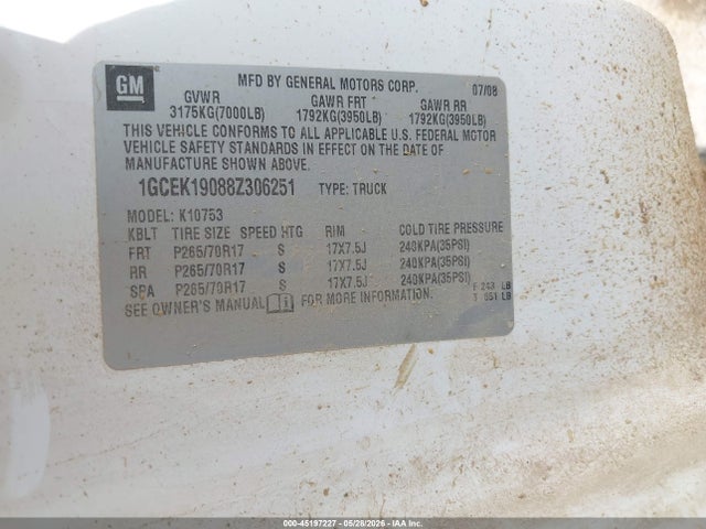 45197227 :رقم المزاد ، 1GCEK19088Z306251 vin ، 2008 Chevrolet Silverado 1500 Lt1 مزاد بيع