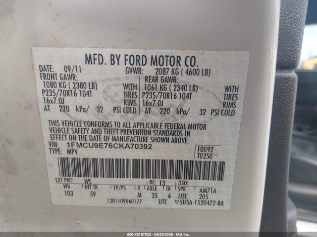 Aukcja sprzedaży 2012 Ford Escape Limited, vin: 1FMCU9E76CKA70392, numer aukcji: 45197233