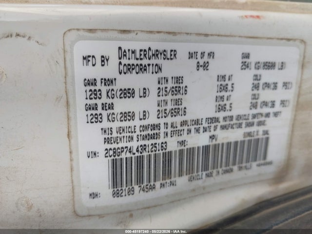Продажа на аукционе авто 2003 Chrysler Town & Country Ex, vin: 2C8GP74L43R125163, номер лота: 45197240