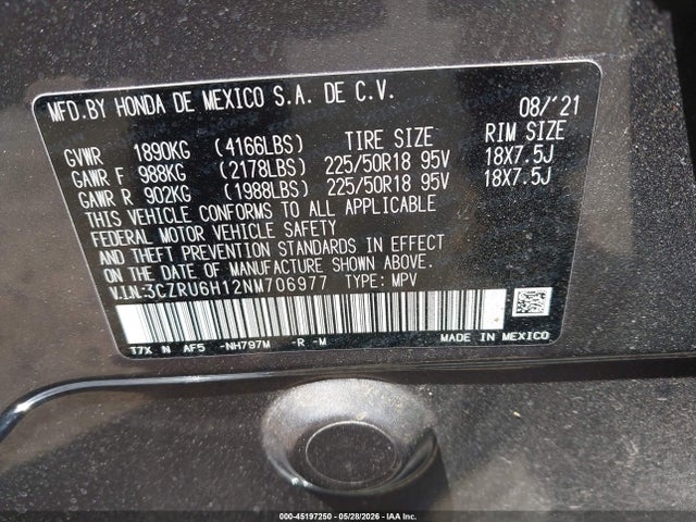 Auction sale of the 2022 Honda Hr-v Awd Sport, vin: 3CZRU6H12NM706977, lot number: 45197250