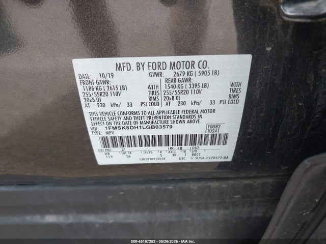 Aukcja sprzedaży 2020 Ford Explorer Xlt, vin: 1FMSK8DH1LGB03579, numer aukcji: 45197252