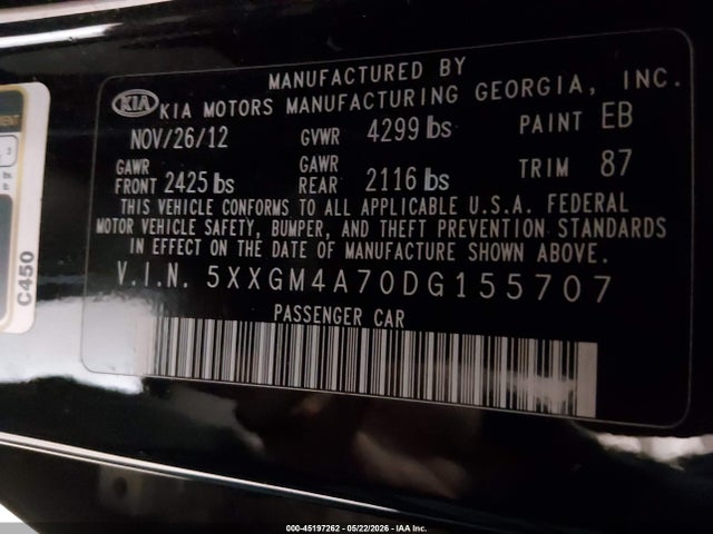 Продажа на аукционе авто 2013 Kia Optima Lx, vin: 5XXGM4A70DG155707, номер лота: 45197262