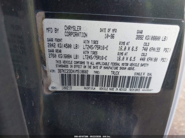 Продажа на аукционе авто 1997 Dodge Ram 2500 St, vin: 3B7KC23DXVM518602, номер лота: 45197266