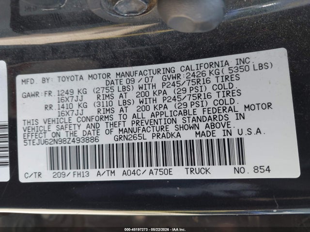 Продаж на аукціоні авто 2008 Toyota Tacoma Prerunner V6, vin: 5TEJU62N98Z493886, номер лоту: 45197273