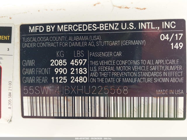 Aukcja sprzedaży 2017 Mercedes-benz C 300 Sport, vin: 55SWF4JBXHU225568, numer aukcji: 45197282