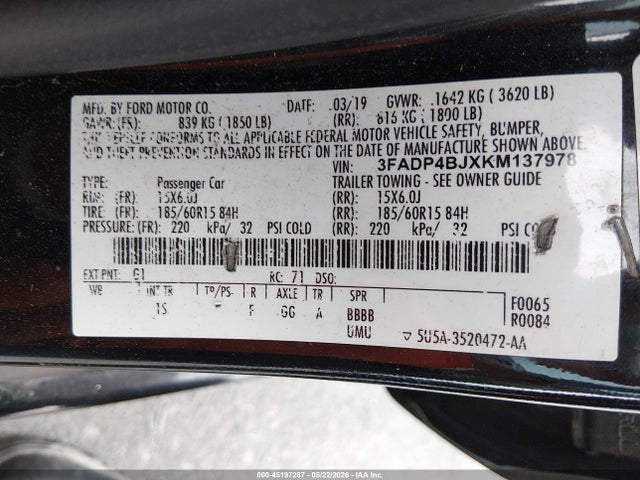 Aukcja sprzedaży 2019 Ford Fiesta Se, vin: 3FADP4BJXKM137978, numer aukcji: 45197287