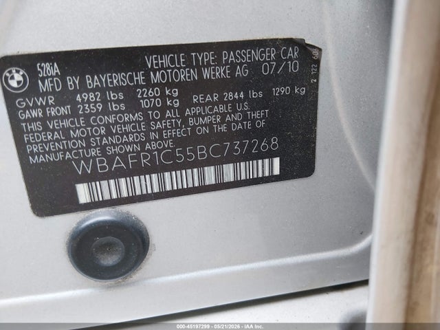 Продажа на аукционе авто 2011 Bmw 528i, vin: WBAFR1C55BC737268, номер лота: 45197299