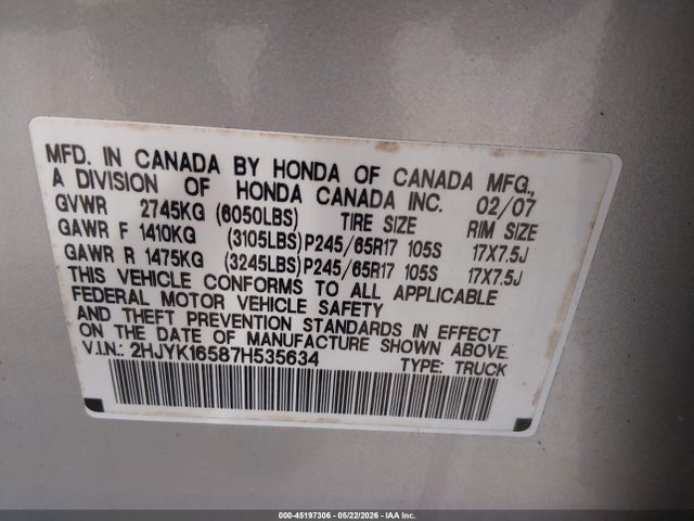 Продаж на аукціоні авто 2007 Honda Ridgeline Rtl, vin: 2HJYK16587H535634, номер лоту: 45197306