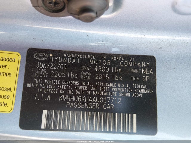 45197309 :رقم المزاد ، KMHHU6KH4AU017712 vin ، 2010 Hyundai Genesis 3.8 Track مزاد بيع