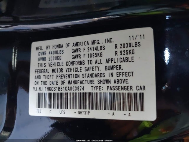 2012 Honda Accord 2.4 Ex-l მანქანა იყიდება აუქციონზე, vin: 1HGCS1B81CA003974, აუქციონის ნომერი: 45197320