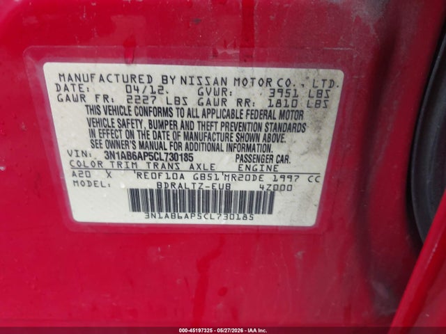Aukcja sprzedaży 2012 Nissan Sentra 2.0 Sr, vin: 3N1AB6AP5CL730185, numer aukcji: 45197325