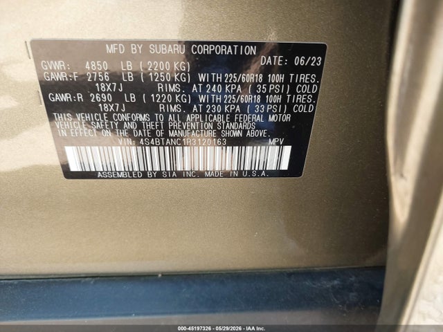 Aukcja sprzedaży 2024 Subaru Outback Limited, vin: 4S4BTANC1R3120163, numer aukcji: 45197326