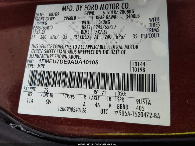 2010 Ford Explorer Xlt მანქანა იყიდება აუქციონზე, vin: 1FMEU7DE9AUA10105, აუქციონის ნომერი: 45197329