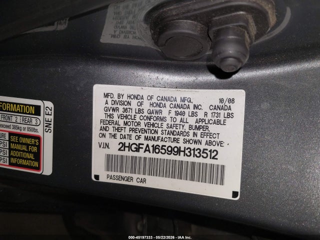 45197333 :رقم المزاد ، 2HGFA16599H313512 vin ، 2009 Honda Civic Lx مزاد بيع