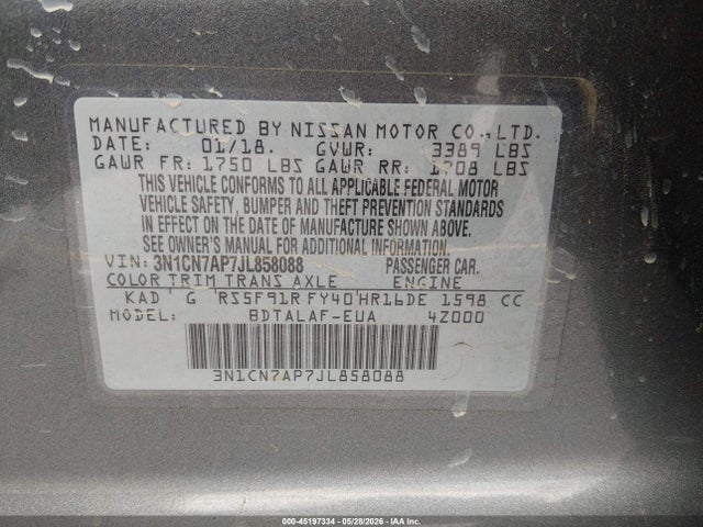 Aukcja sprzedaży 2018 Nissan Versa 1.6 S, vin: 3N1CN7AP7JL858088, numer aukcji: 45197334