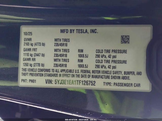 2026 Tesla Model 3 Premium Rear-wheel Drive/rear-wheel Drive მანქანა იყიდება აუქციონზე, vin: 5YJ3E1EA1TF126752, აუქციონის ნომერი: 45197336
