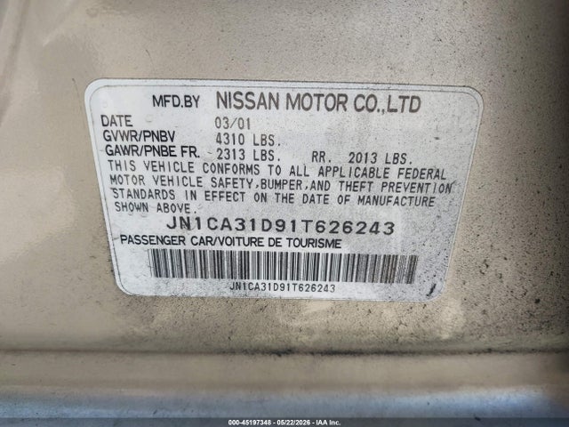 Aukcja sprzedaży 2001 Nissan Maxima Gxe, vin: JN1CA31D91T626243, numer aukcji: 45197348