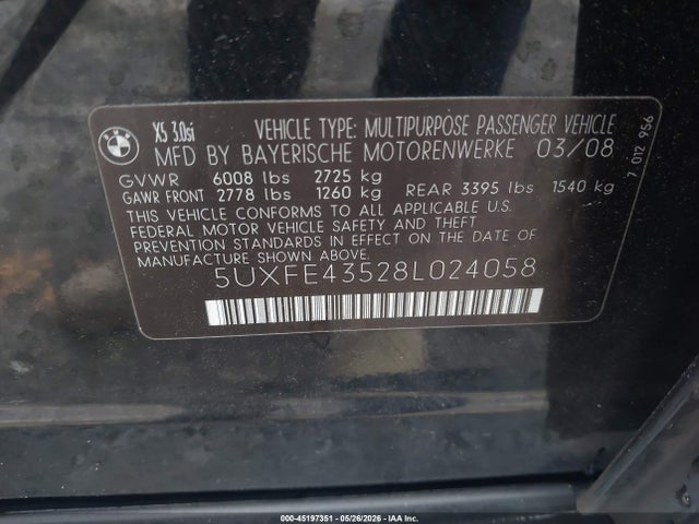 2008 Bmw X5 3.0si მანქანა იყიდება აუქციონზე, vin: 5UXFE43528L024058, აუქციონის ნომერი: 45197351