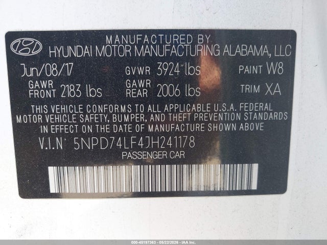 2018 Hyundai Elantra Se მანქანა იყიდება აუქციონზე, vin: 5NPD74LF4JH241178, აუქციონის ნომერი: 45197363