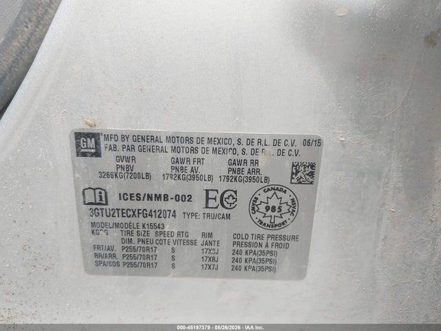 Aukcja sprzedaży 2015 Gmc Sierra 1500, vin: 3GTU2TECXFG412074, numer aukcji: 45197379