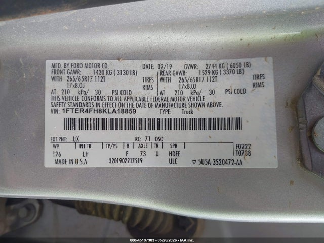 Продаж на аукціоні авто 2019 Ford Ranger Xlt, vin: 1FTER4FH8KLA18859, номер лоту: 45197383
