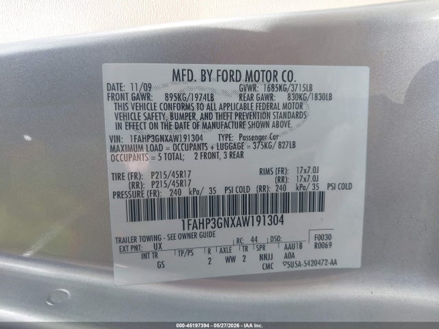 2010 Ford Focus Ses მანქანა იყიდება აუქციონზე, vin: 1FAHP3GNXAW191304, აუქციონის ნომერი: 45197394