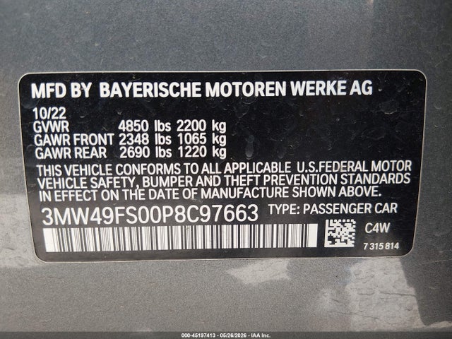 Продаж на аукціоні авто 2023 Bmw M340i, vin: 3MW49FS00P8C97663, номер лоту: 45197413