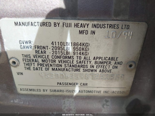 45197414 :رقم المزاد ، 4S3BD6354S7221859 vin ، 1995 Subaru Legacy L مزاد بيع
