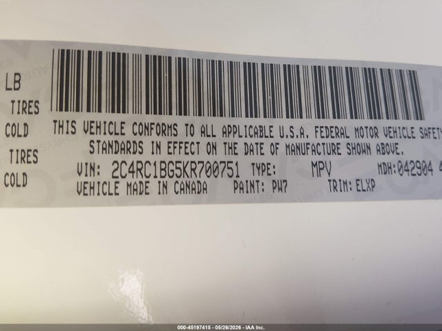 Продажа на аукционе авто 2019 Chrysler Pacifica Touring L, vin: 2C4RC1BG5KR700751, номер лота: 45197415