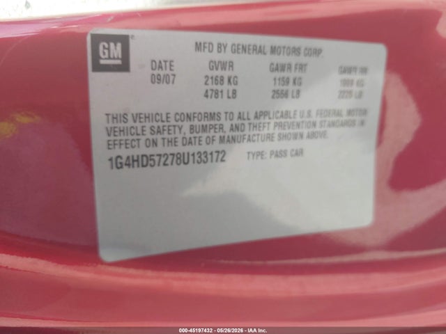 Продаж на аукціоні авто 2008 Buick Lucerne Cxl, vin: 1G4HD57278U133172, номер лоту: 45197432