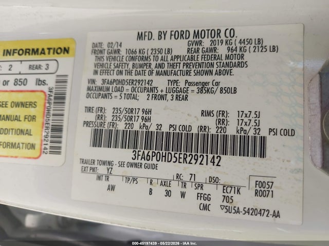 Ford FUSION SE 2014 3FA6P0HD5ER292142 Image 9