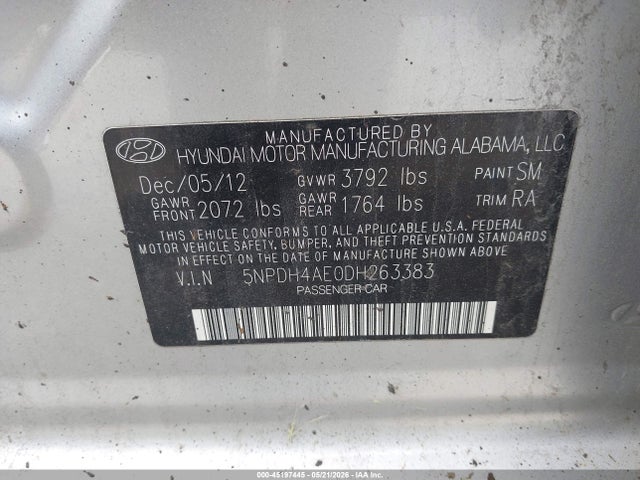 2013 Hyundai Elantra Gls მანქანა იყიდება აუქციონზე, vin: 5NPDH4AE0DH263383, აუქციონის ნომერი: 45197445