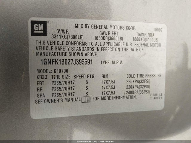2007 Chevrolet Tahoe Ls მანქანა იყიდება აუქციონზე, vin: 1GNFK13027J395591, აუქციონის ნომერი: 45197452