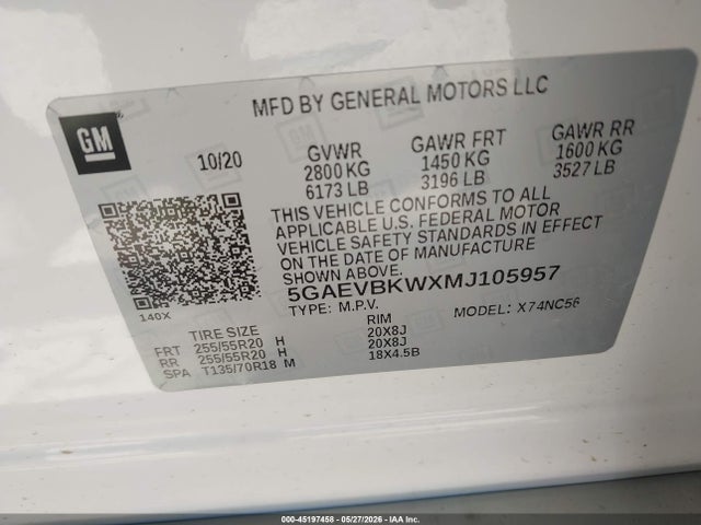 45197458 :رقم المزاد ، 5GAEVBKWXMJ105957 vin ، 2021 Buick Enclave Awd Premium مزاد بيع