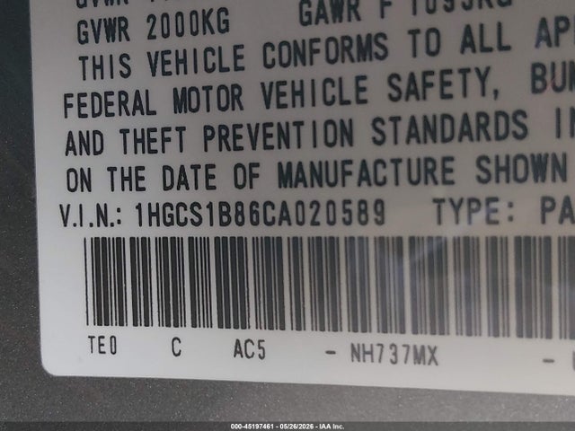 Aukcja sprzedaży 2012 Honda Accord 2.4 Ex-l, vin: 1HGCS1B86CA020589, numer aukcji: 45197461